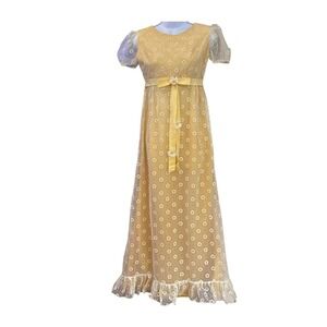 Vintage Daisy Prairie Maxi Dress Sheer Yellow Empire Waist Cottagecore Bohemian